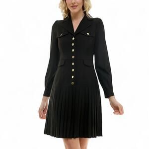 New Nanette Lepore Black Drop Waist Long Sleeve Brass Snap Front Shirtdress 8